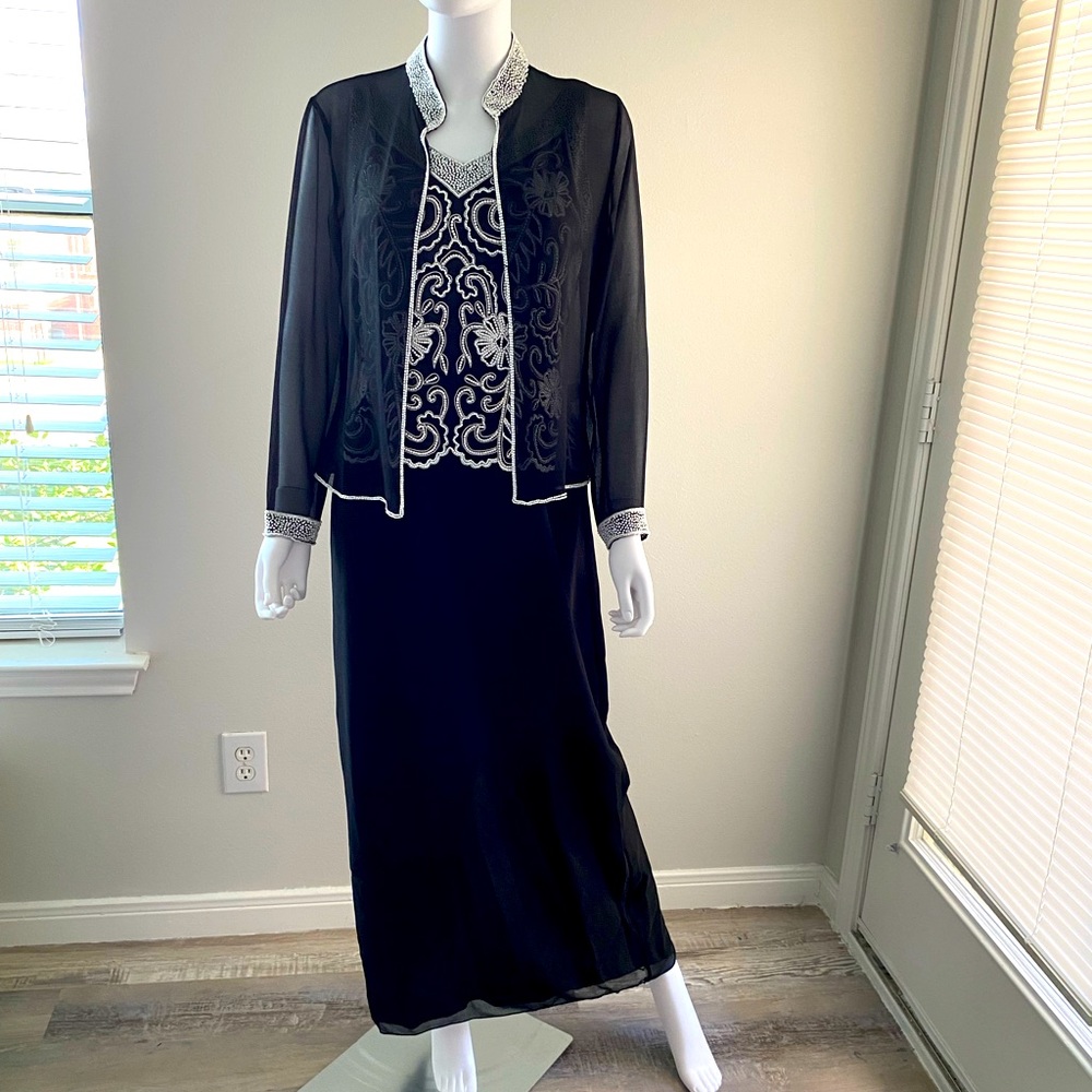 Jkara New York Black Maxi Beaded Dress, Faux Corset, See Through Cardigan SZ 6P